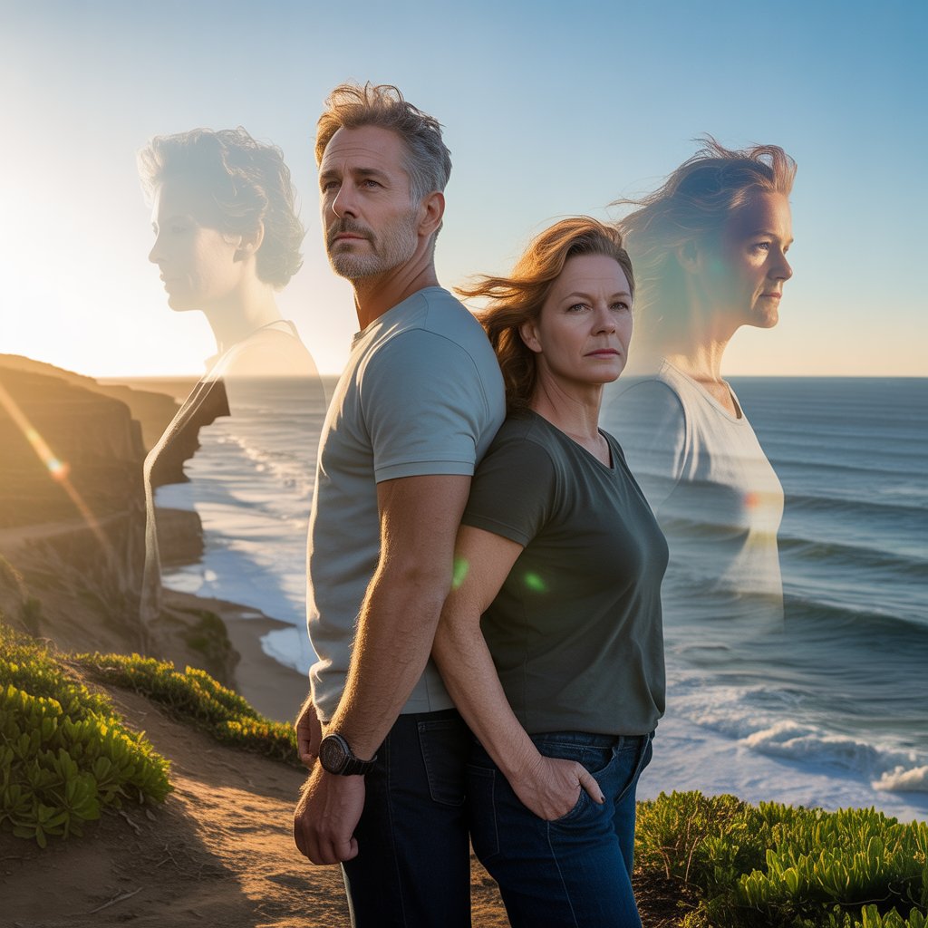 Woman over 40 with calm confidence in coral and teal wellness palette